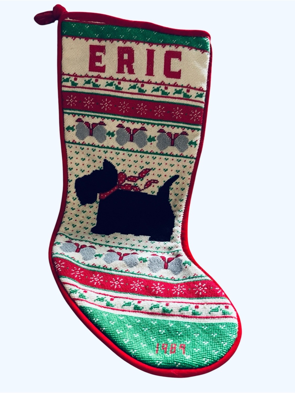 Vintage Christmas Stocking Wool Needlepoint Black Dog Scottie 18” and Red Velvet